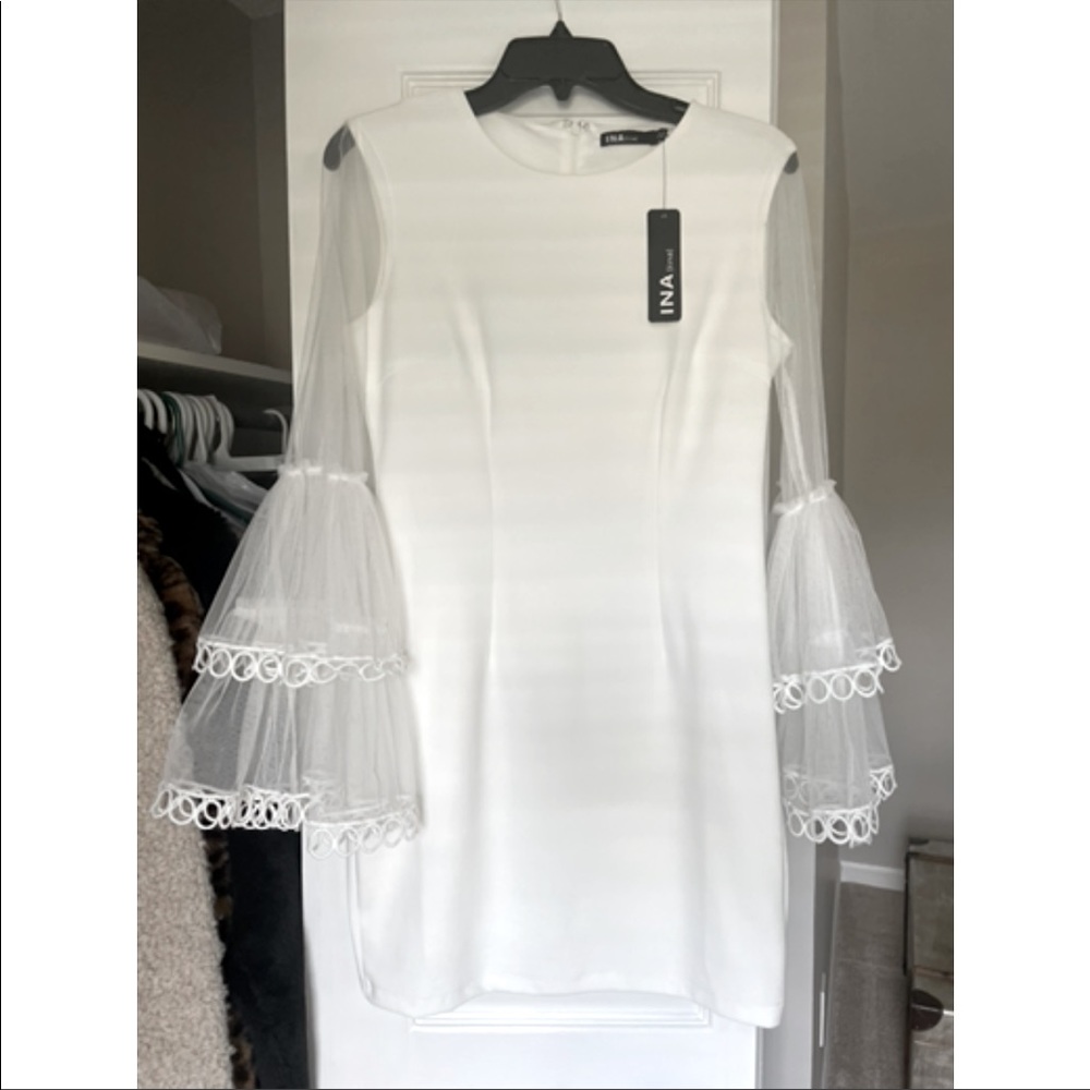 White Dress with Tiered Lace Mesh and Lace Sleeves